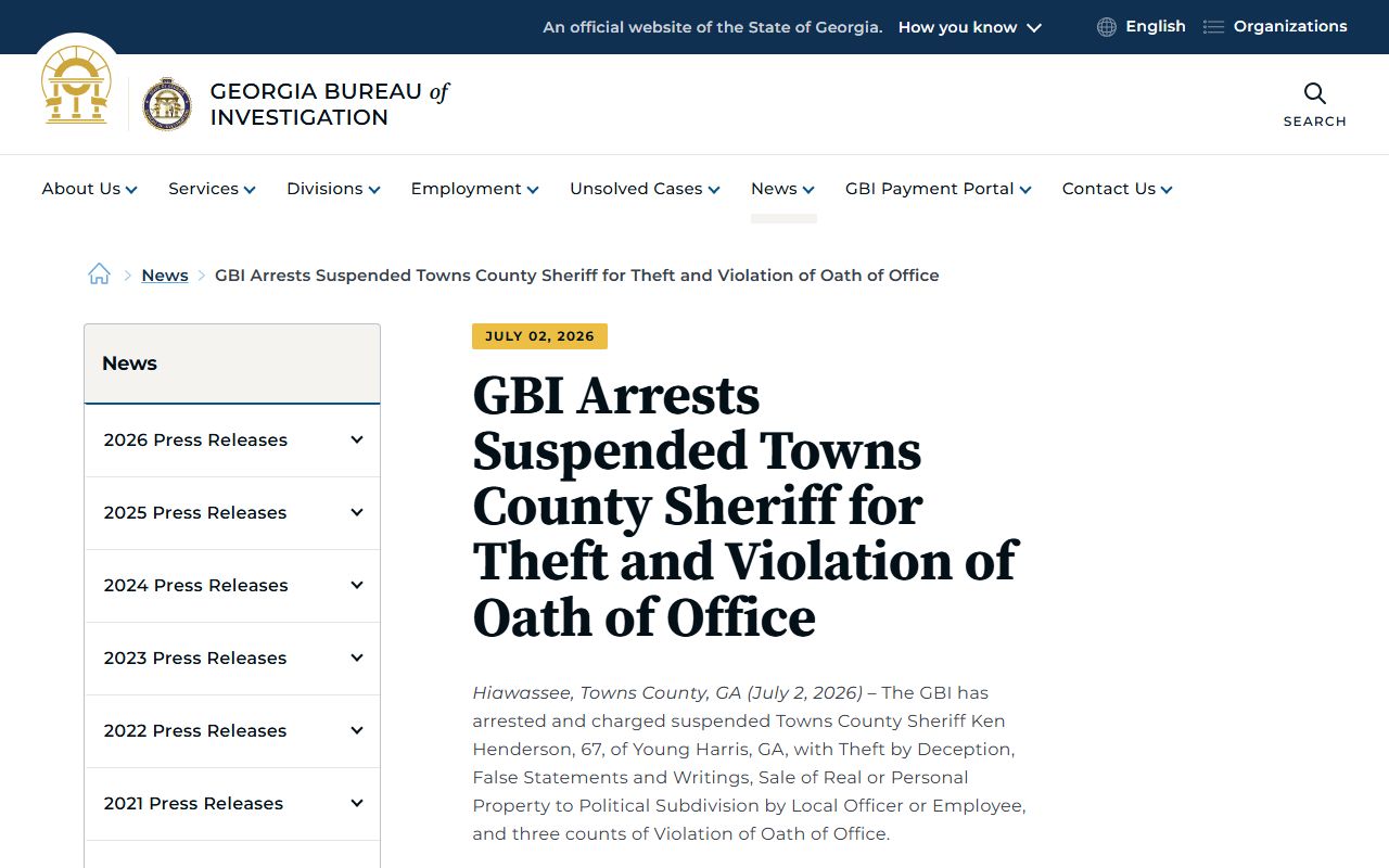 Towns County arrest records GBI suspended sheriff arrest release