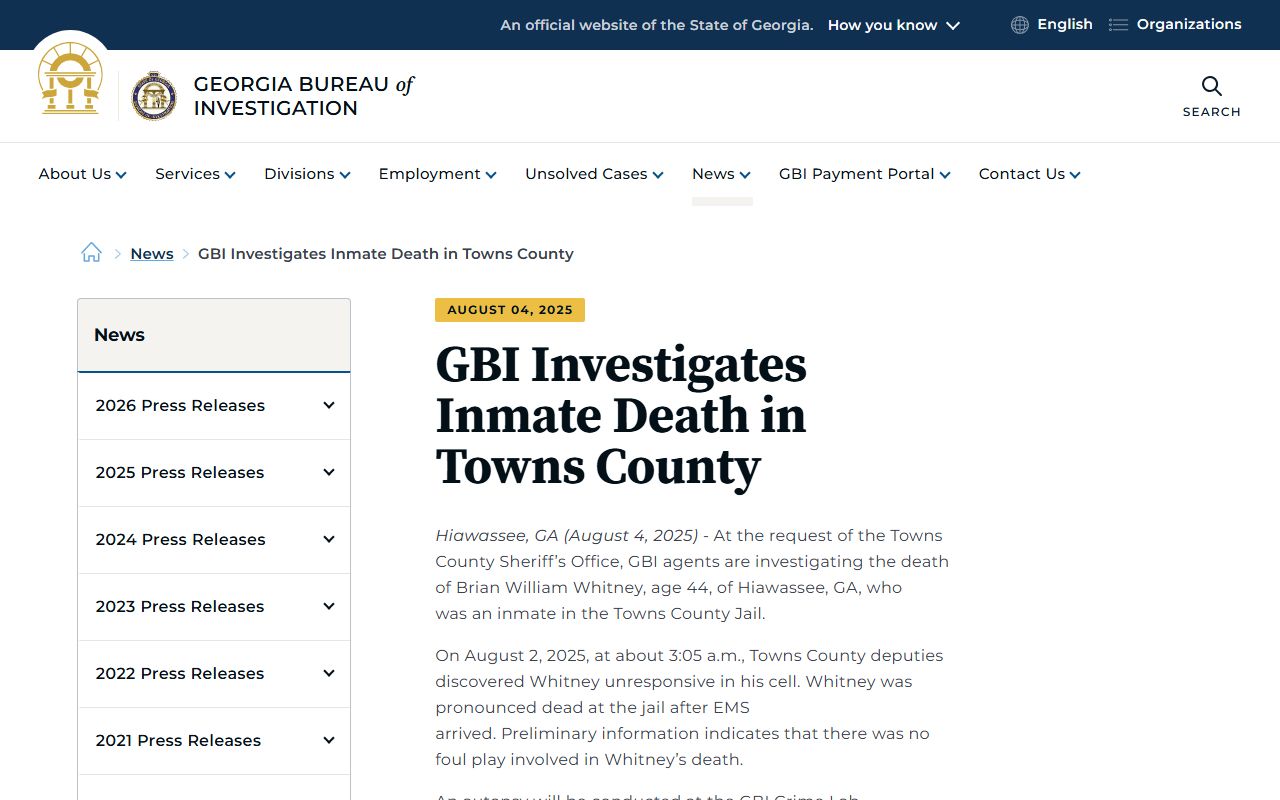 Towns County arrest records GBI inmate death investigation release