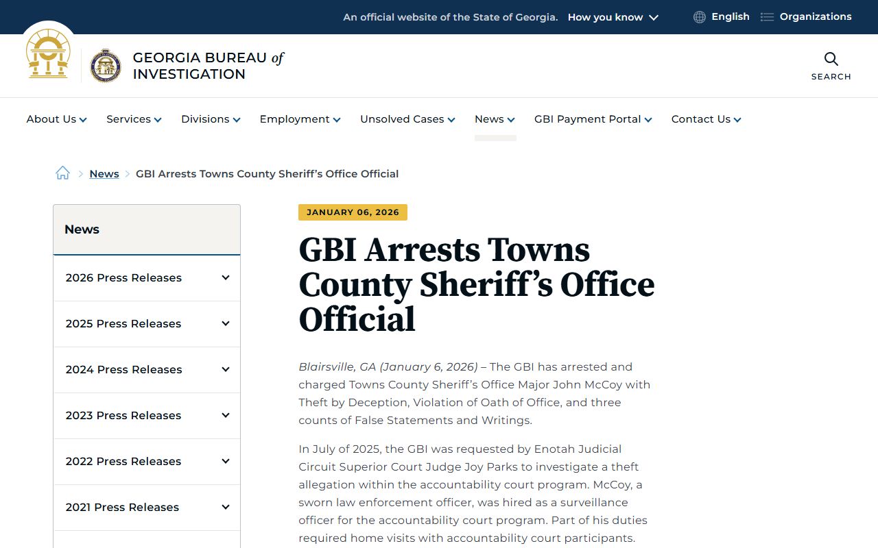 Towns County arrest records GBI Sheriff's Office official arrest release