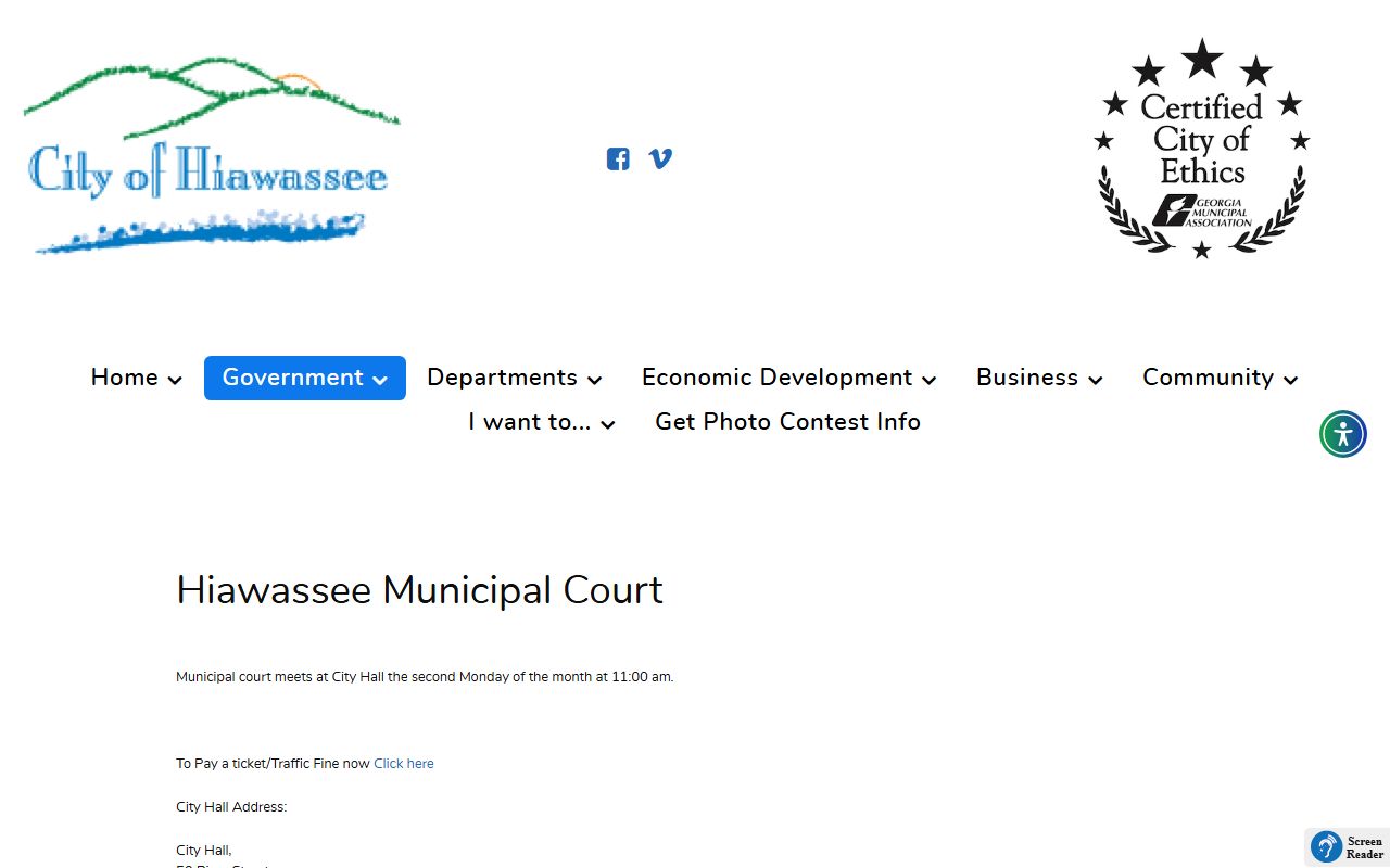 Towns County traffic court records Hiawassee Municipal Court page