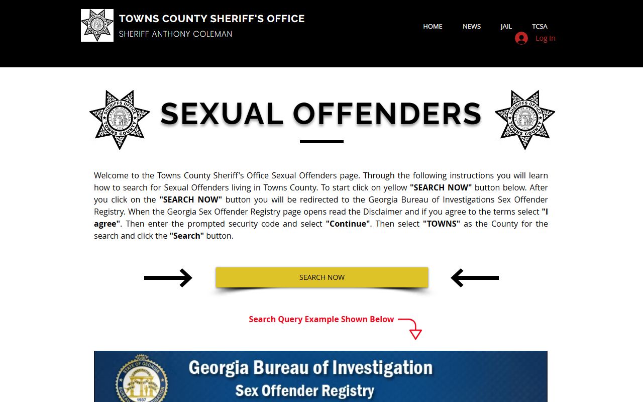 Towns County warrant records sheriff registry instruction page