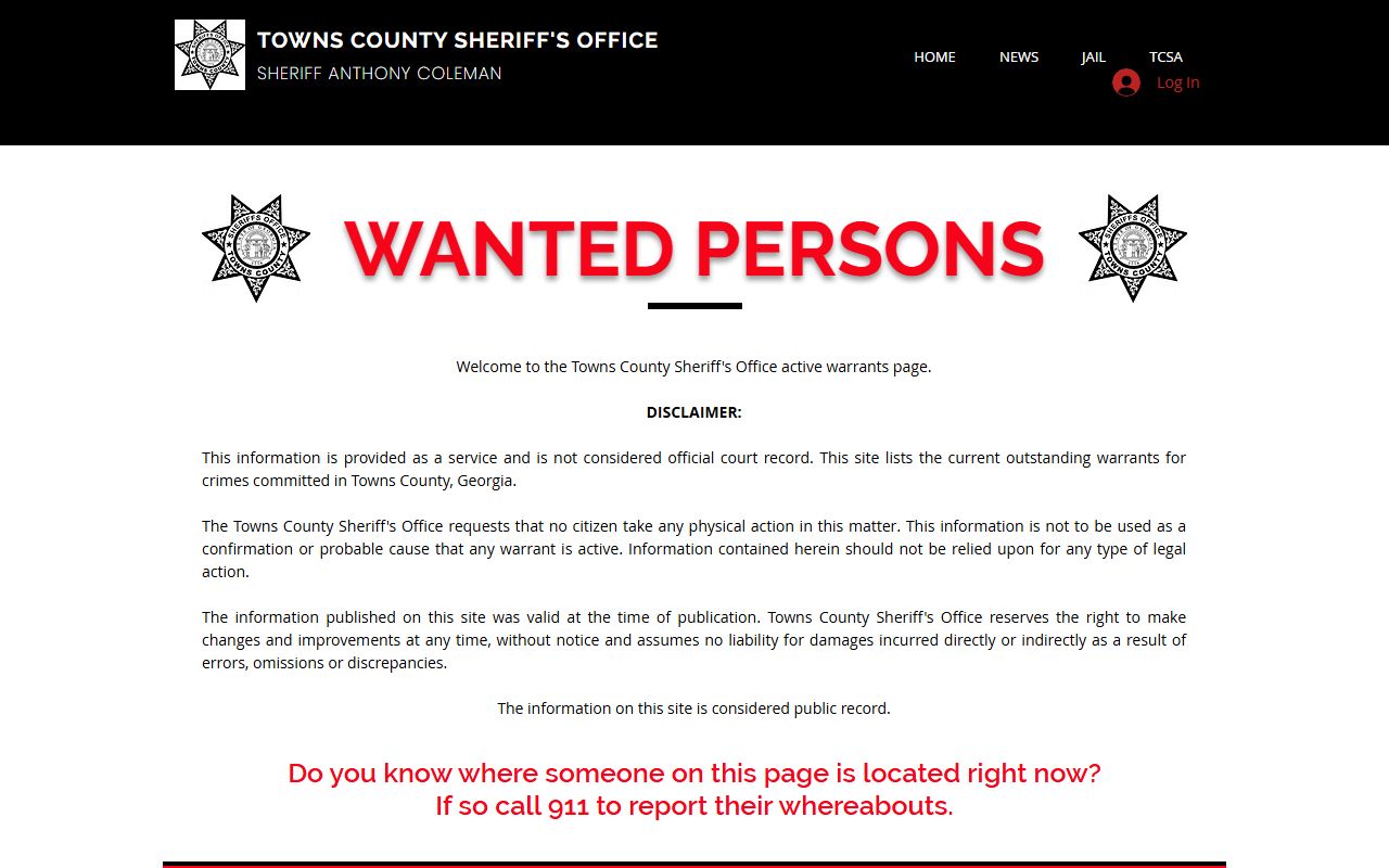 Towns County warrant records wanted page